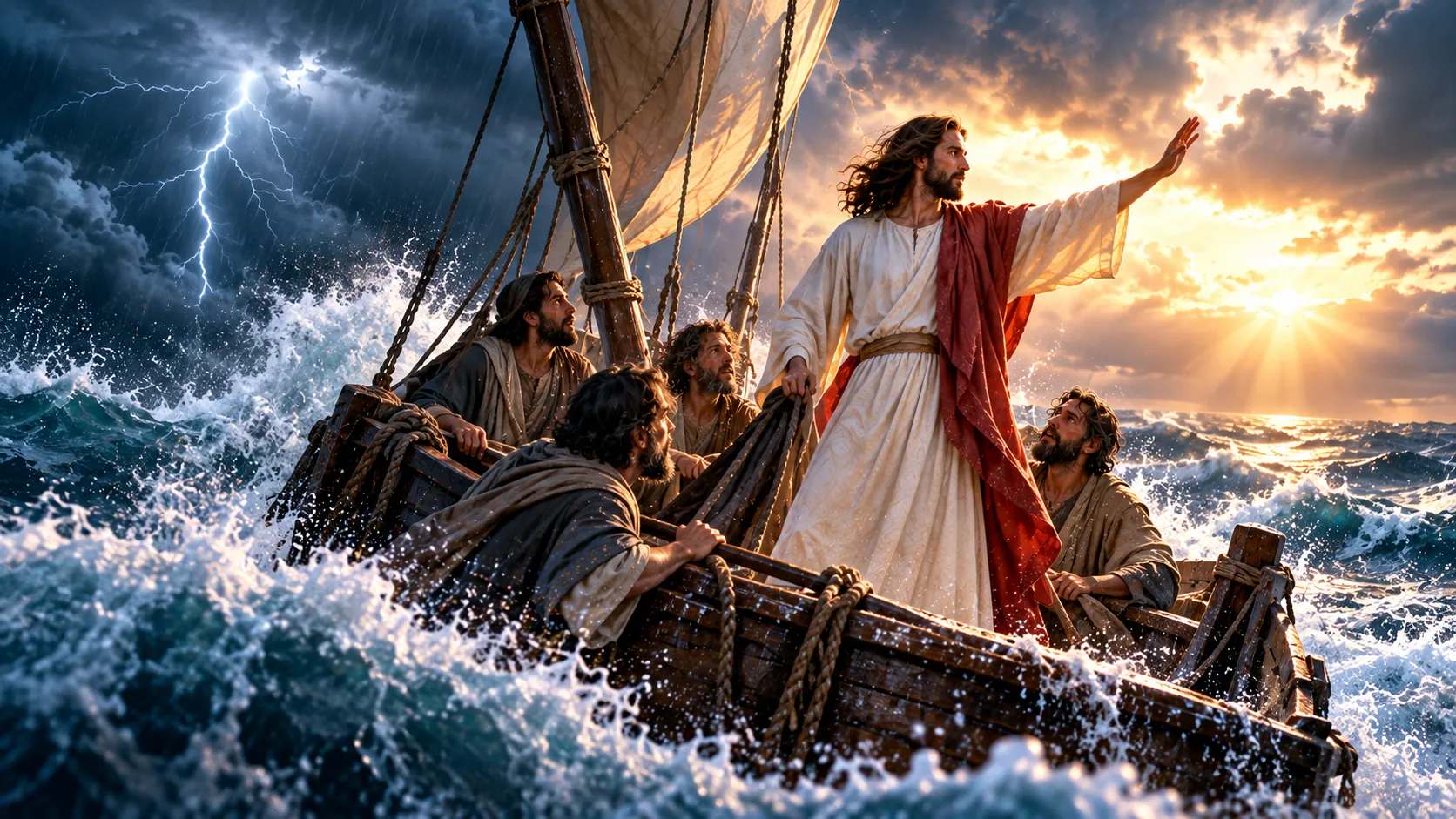 Jesus calming the storm while the disciples are in the boat
